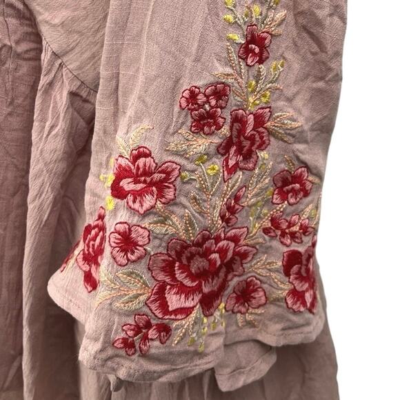 By Together Pink Floral Embroidered Deep V Neck Boho Peplum Blouse Top Size M - Picture 3 of 5